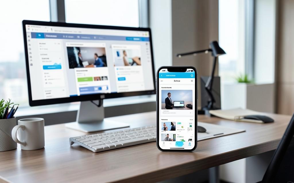 Mobile app interface shown on a phone beside a desktop workspace
