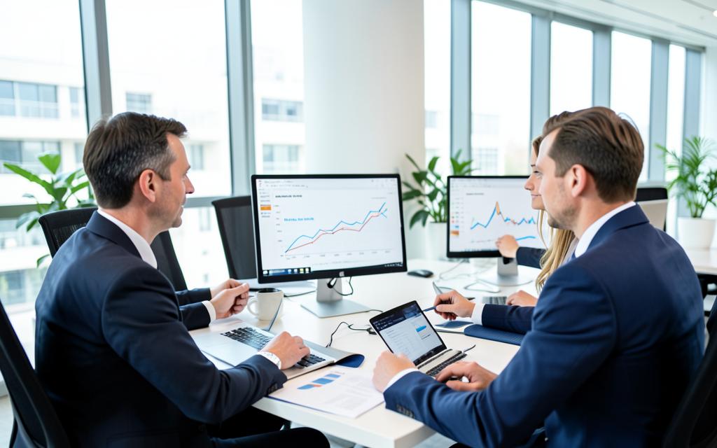 Marketing team reviewing campaign performance charts