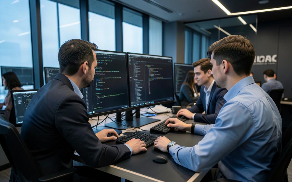 Software engineers writing code on multiple monitors