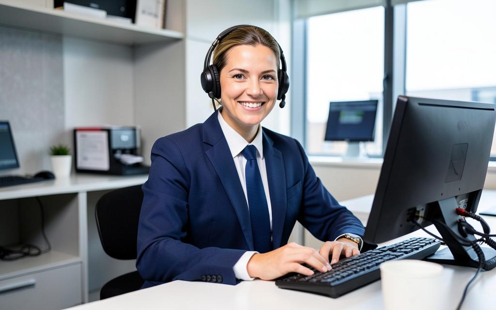 IT support technician with a headset at a service desk